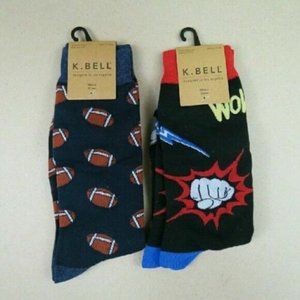 K. Bell Men's Fashion Socks 2 Pair Funky Fun Football Punch Fist